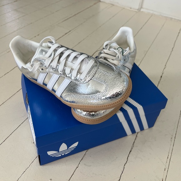 adidas Samba Metallic Silver / Cloud White / Core White Sneakers with Gum Sole - Picture 4 of 9